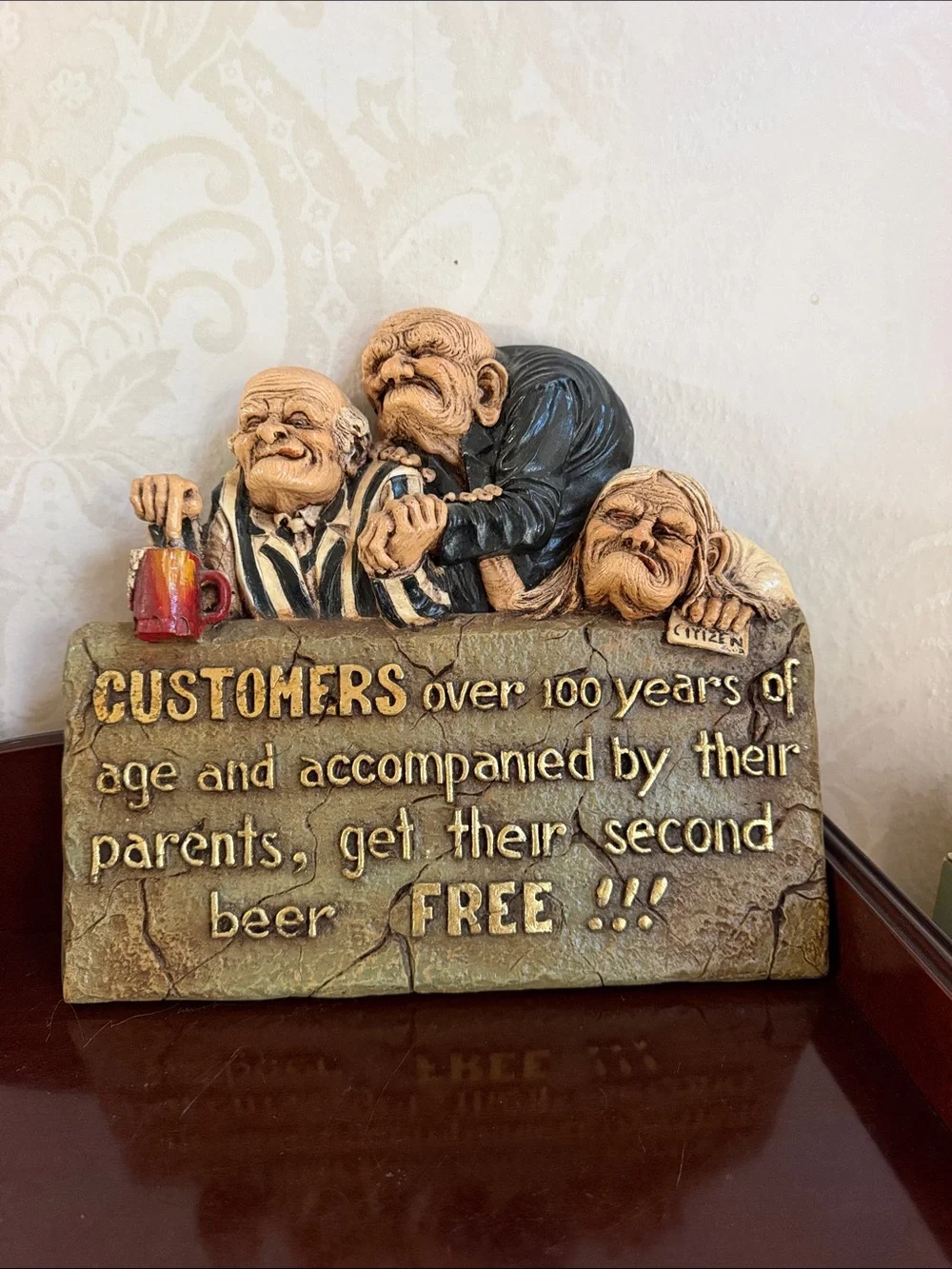 Vintage Humorous Pub Wall Plaque in Tan, Black, Cream and Red
